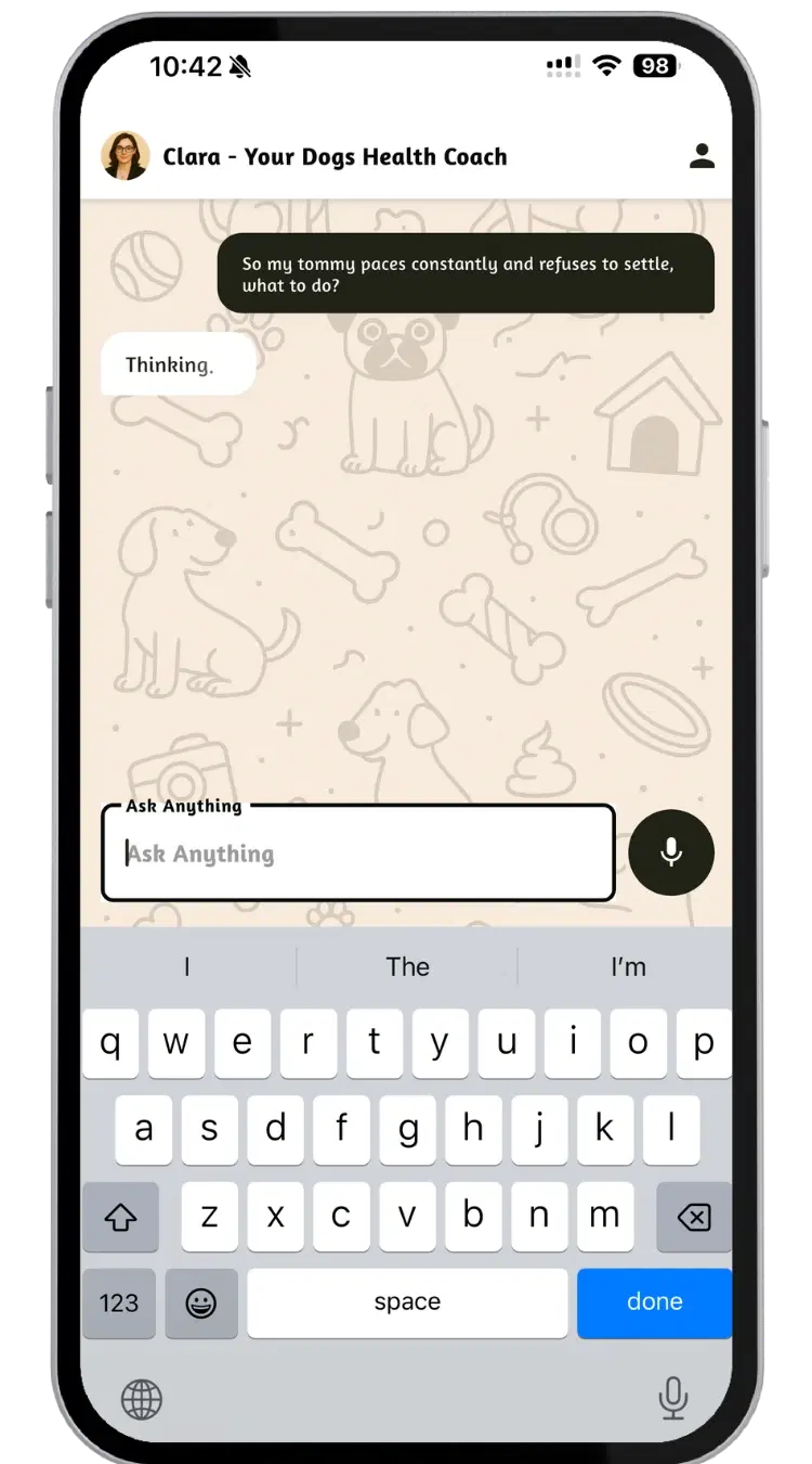 Clara chat interface prompting a dog health question