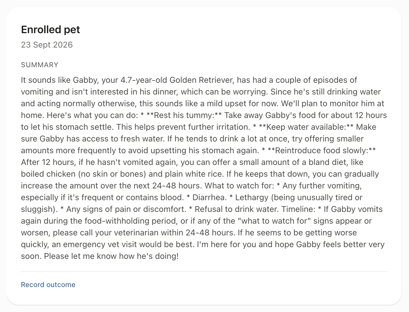Clinic dashboard conversation view with the written summary of Gabby's vomiting episode, ready before the consult