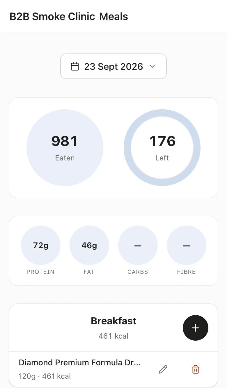 Clinic-branded meals screen showing calories eaten and left for the day, protein and fat totals, and a logged breakfast